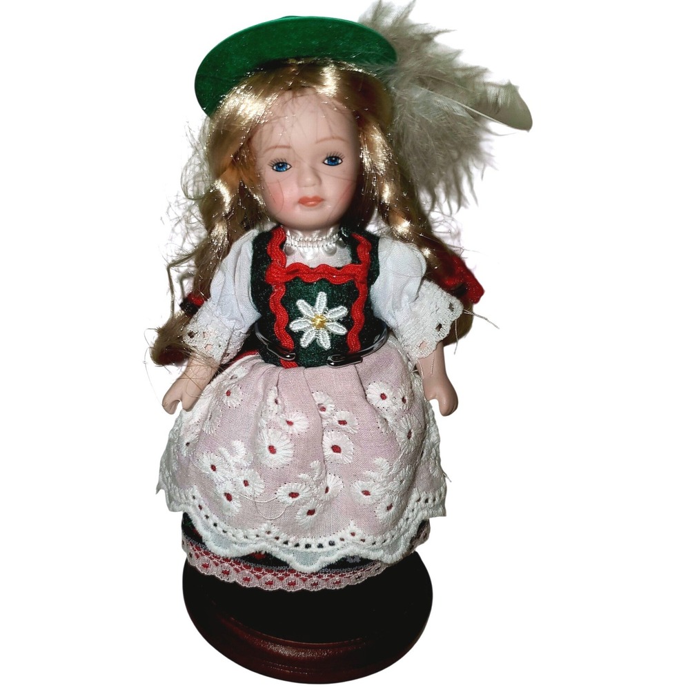 VTG German Porcelain Doll‎ Alpine Dirndl Blonde Braids Green Tyrolean Hat Stand